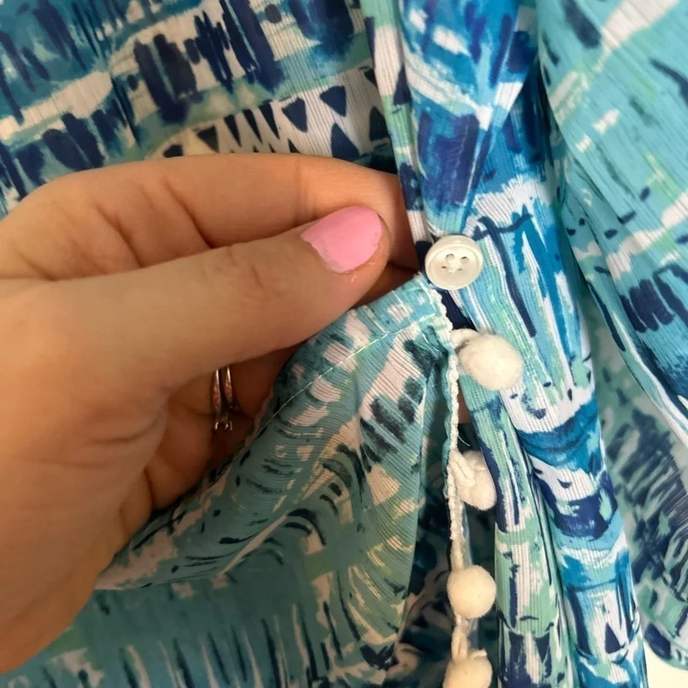 Venus XL Blue and White Coastal wrap/kimono cover-up with pom details
